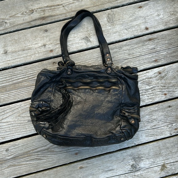 Johnny Was black leather shoulder bag with tassel - Picture 3 of 7